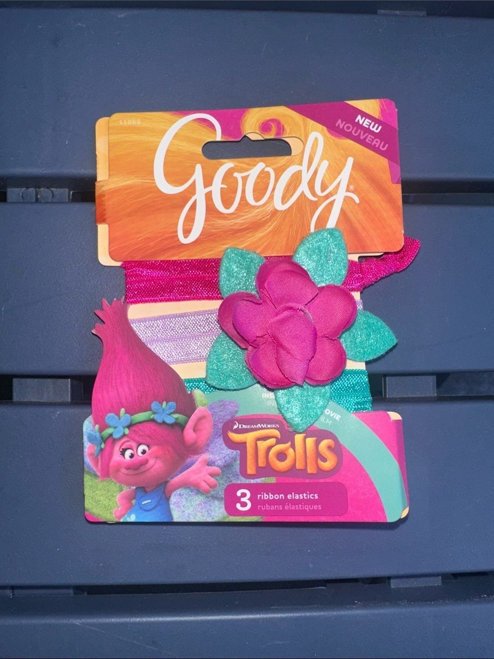 GoodyāTrolls Three Elastic Hair Ties Felt Floral Lavender Pink Teal green